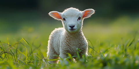 Obraz premium Sweet faced lamb standing in lush green pasture, enjoying nature beauty