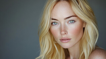 Fototapeta premium Freckled Blonde Woman with Blue Eyes and Minimal Makeup in Soft Natural Lighting