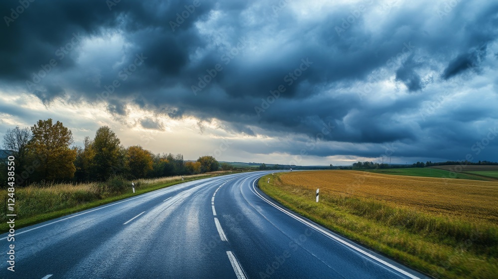 Poster a panoramic view of a motorway cutting through a rural area, bordered by fields and trees under a cl