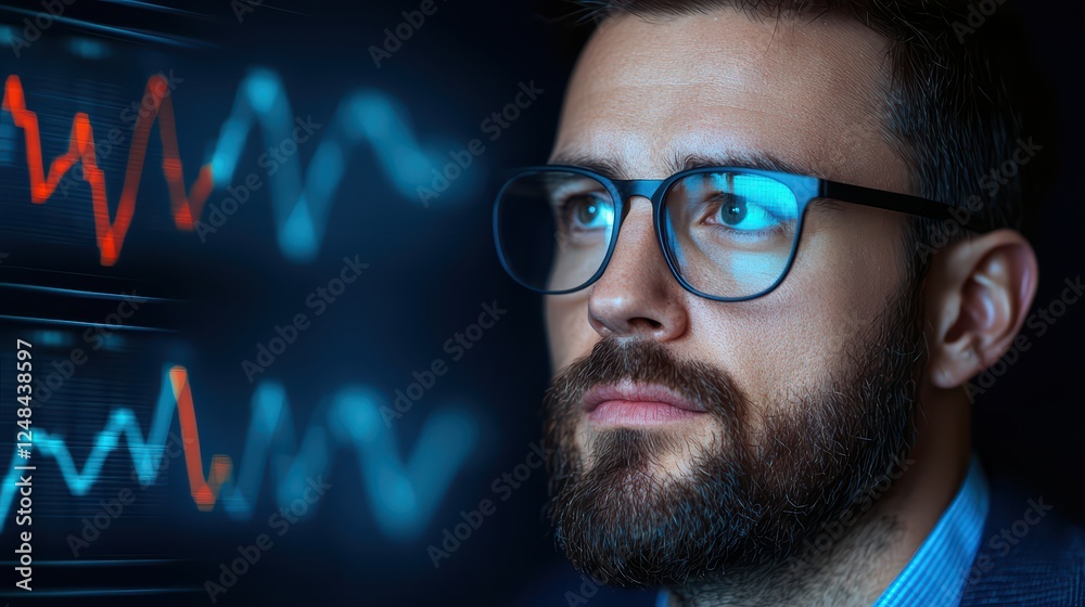 Poster focused man analyzing data trends with graphs displayed behind him