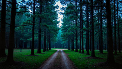 Fototapeta premium Mysterious forest path under twilight trees, enchantment and allure