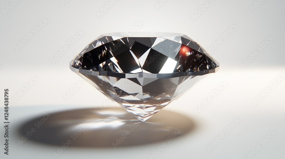 Poster a perfectly round diamond with a slight shadow, emphasizing its cut and clarity on a white backgroun