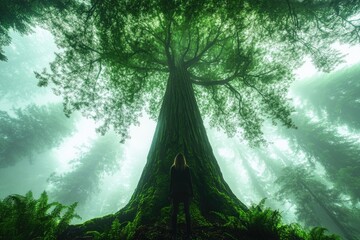 A woman stands in awe before a colossal, moss-covered redwood tree in a misty forest.