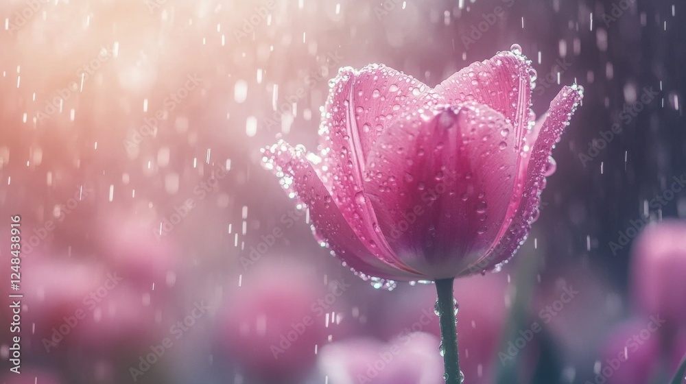 Aufkleber a pink tulip with sparkling water droplets on its petals, captured on a rainy day with a soft-focus 