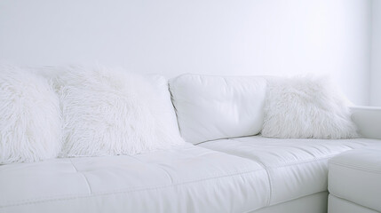 Obraz premium White leather couch with pillows with big white room wall background 3d render illustration