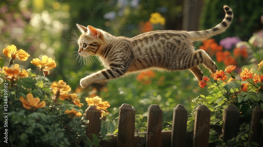 Poster a playful tabby leaping over a small fence in a garden, with flowers and greenery framing the scene.