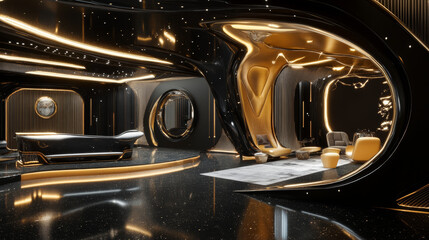 Abstract Black futuristic room with golden lighting 3d render illustration. 3D Illustration