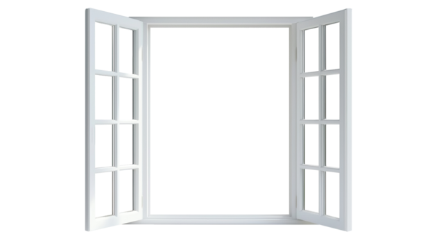  Open window frame isolated on a white background with no shadows, highlighting simplicity and clean design.