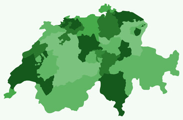 Map of Switzerland with regions. Just a simple country border map with region division. Green color palette. Blank Switzerland shape with administrative division. Vector illustration.