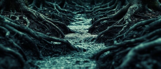 Obraz premium Gnarled roots embrace a flowing river, creating a dramatic and mysterious atmosphere amid a dense forest scene.