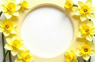 Obraz premium Round frame decorated with blooming narcissus flowers on yellow background with space for text, card template