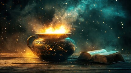 Glowing Cauldron and Ancient Book Mystical Scene