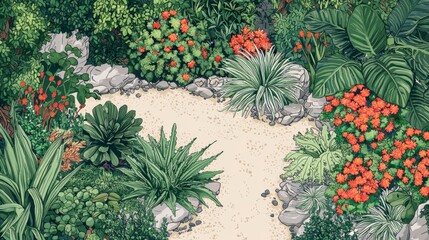 Serene Garden Path Lush Tropical Plants and Flowers