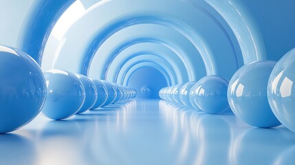Fototapeta premium Blue spheres in arched tunnel, futuristic backdrop