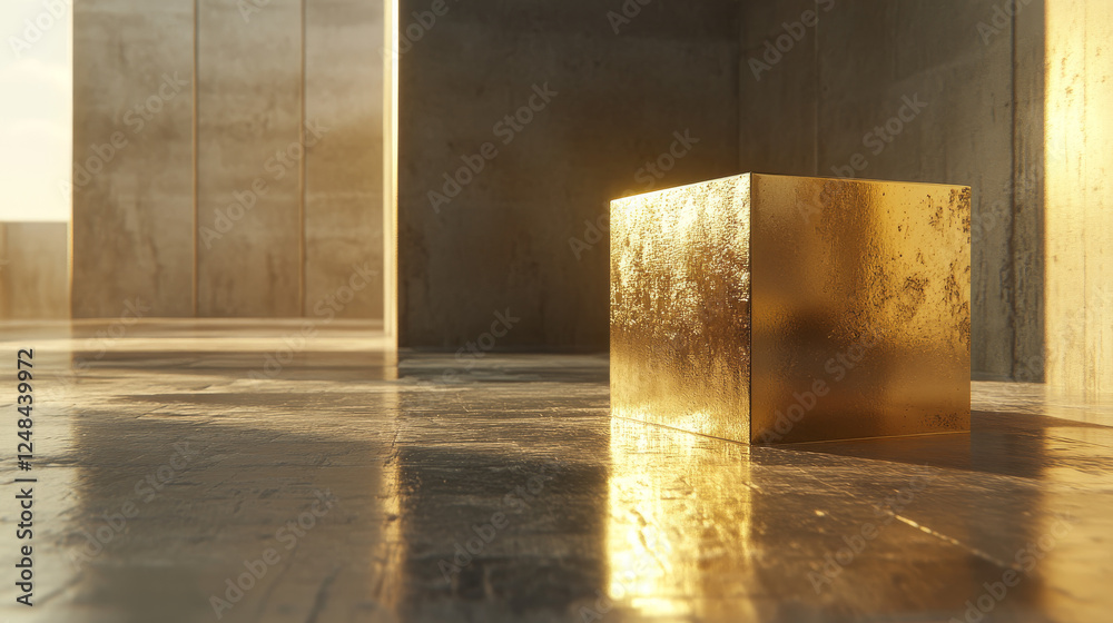 Poster abstact golden modern architecture background with a dissolving golden cube 3d illustration render