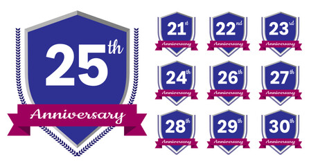 21st, 22nd, 23rd, 24th, 25th, 26th, 27th, 28th, 29th, 30th Anniversary. Anniversary sign collection isolated on white background. Vector illustration EPS 10 File.