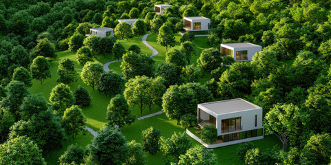 Eco friendly homes nestled in lush green forest, surrounded by trees and pathways
