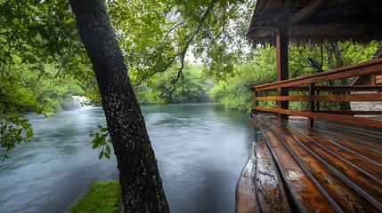 Rainy day waterfall view from wooden deck