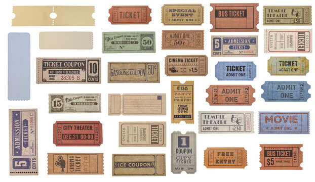 A collection of vintage admission ticket on white background
