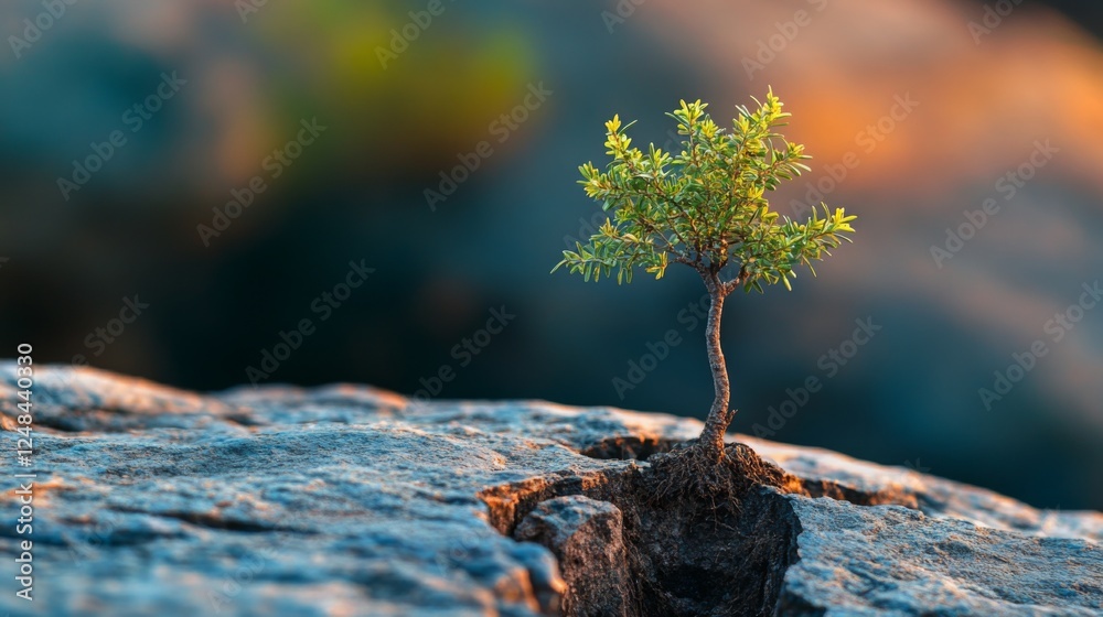 Poster a small tree emerging from a crack in a rock, symbolizing resilience and strength in nature.