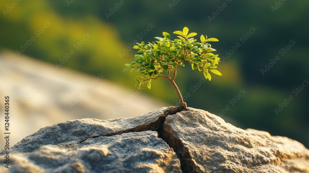 Poster a small tree emerging from a crack in a rock, symbolizing resilience and strength in nature.