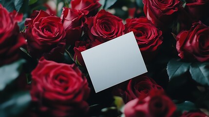 A bouquet of red roses with a blank card tucked inside, ready for personalization