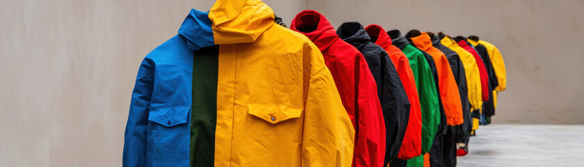 Sustainable fashion show featuring colorful jackets in row, showcasing eco friendly designs and vibrant s