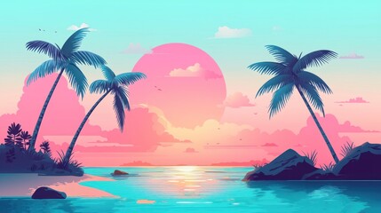 Obraz premium Pink Sunset Paradise: Tropical Beach Scene with Palm Trees