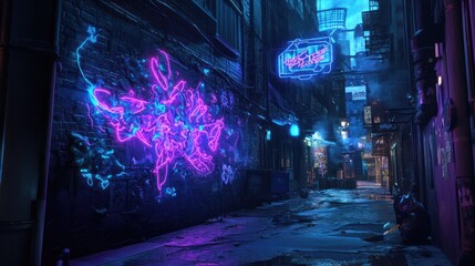Neon-lit alleyway, cyberpunk city, graffiti art, night scene, urban background