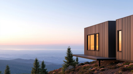 Fototapeta premium sustainable mountain retreat featuring eco friendly cabin with stunning views. serene landscape invites relaxation and
