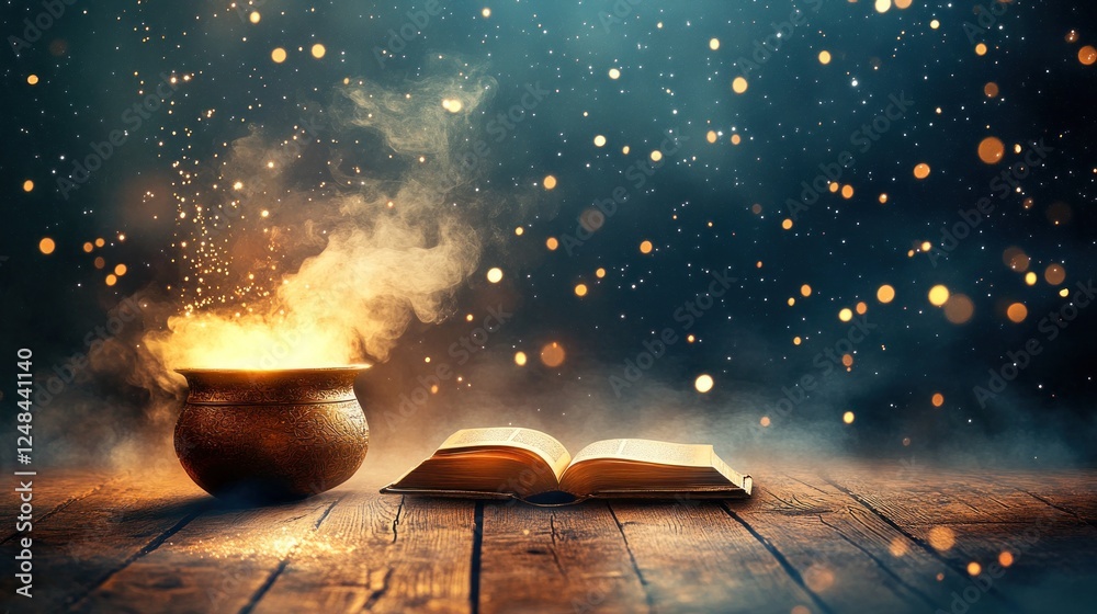 Aufkleber Magical Cauldron Steaming with Open Book on Wooden Table
