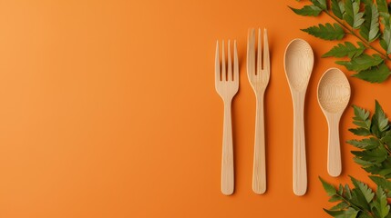 Wooden Cutlery on Orange Background with Green Leaves Decoration