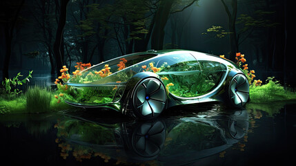 Eco-Friendly Concept Car in a Lush Forest Setting