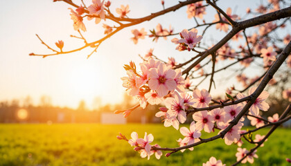 Blooming peach tree branches reaching towards dawn sunlight, nature's renewal