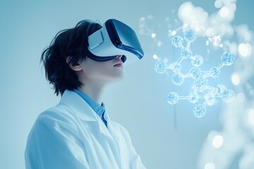 A scientist uses VR technology to visualize and interact with complex molecular structures for research and development.