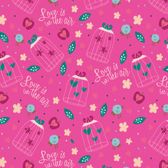 Vintage seamless texture with birds, cages and flowers. Seamless pattern can be used for wallpaper, pattern fills, web page background,surface textures. Gorgeous seamless floral background.