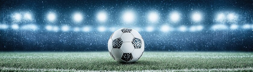 Fototapeta premium Soccer ball on field under stadium lights at night