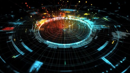 A top-down view of a D radar chart with multiple axes and data points, showing financial metrics and comparisons between different investment options.