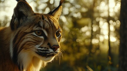 Fototapeta premium Eurasian Lynx Portrait In Golden Forest Light