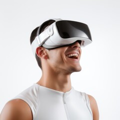 Young people wear visual goggle watching multi media in white background
