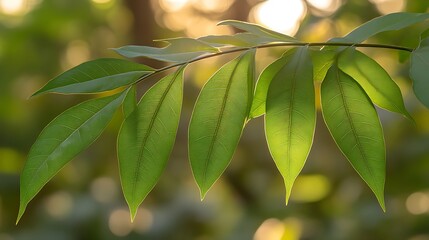 Obraz premium Sunlight Illuminates Vibrant Green Leaves Branch