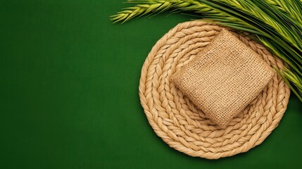 Rustic burlap sack on woven mat with green background
