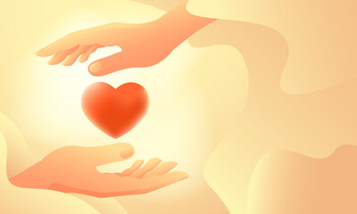 Human hands and heart in modern gradient flat style. Concept volunteering and hope, charity and care, cardiology. Horizontal banner with copy space. Vector illustration.