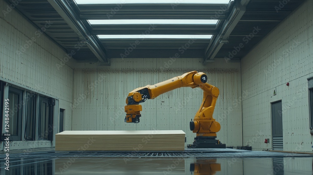 Poster Yellow Robotic Arm Handling Large Sheet Material Inside Factory