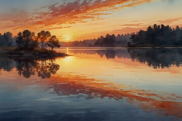 Obraz premium A reflection of the sunset in a calm lake in watercolor style