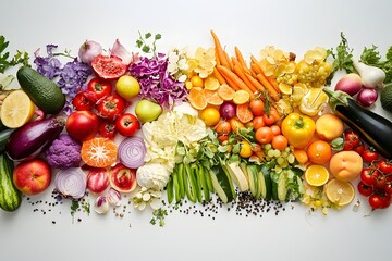 Rainbow Produce Flatlay Vibrant fruits & vegetables arranged on white background for healthy eating website