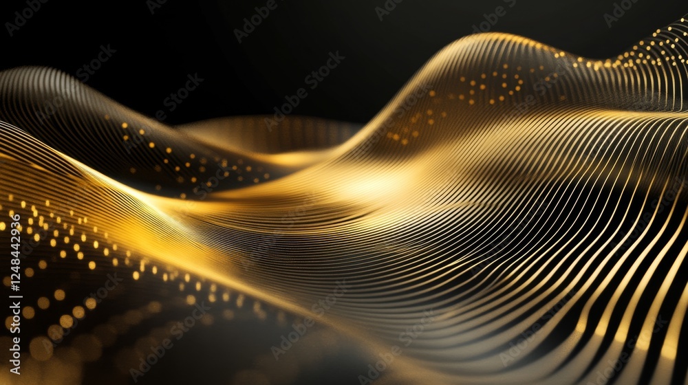 Poster a wide-angle view of a d gold line graph with golden curves and data points, highlighting trends and
