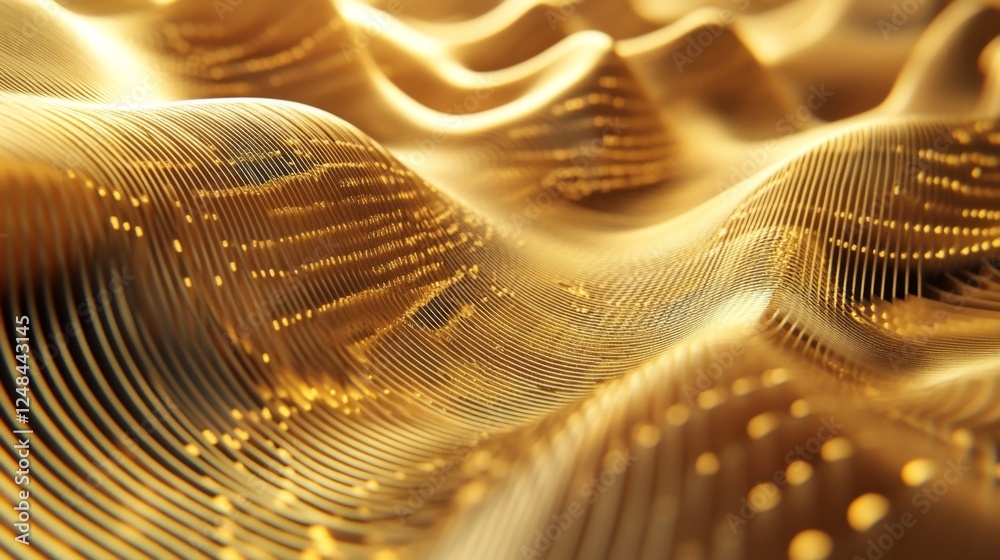 Poster a wide-angle view of a d gold line graph with golden curves and data points, highlighting trends and