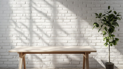 wooden surface in front of white brick wall 3d render illustration. 3D Illustration