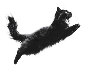 Obraz premium Beautiful line art illustration of a full-body black cat jumping, against a white background
